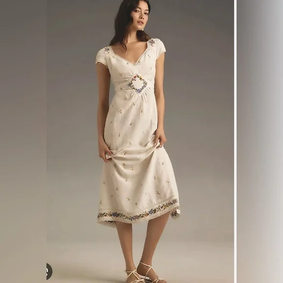Anthropologie Cream Floral Embroidered Dress - Picture 2 of 16